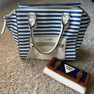 GUESS Navy and White Striped Tote
